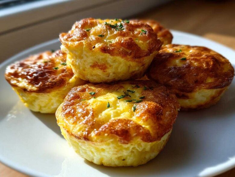 A close-up of four golden brown, fluffy high-protein egg bites stacked on a white plate, garnished with chives.