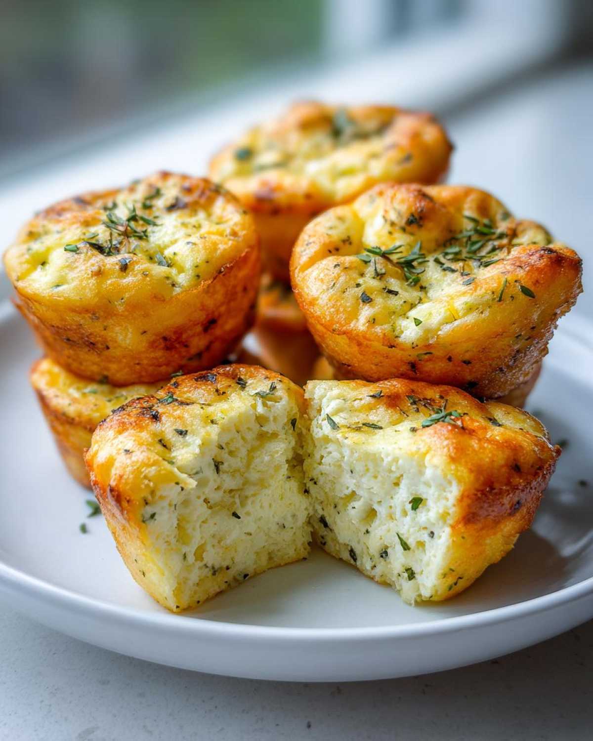 A stack of golden-brown, savory egg bites, one cut in half showing the fluffy interior texture.