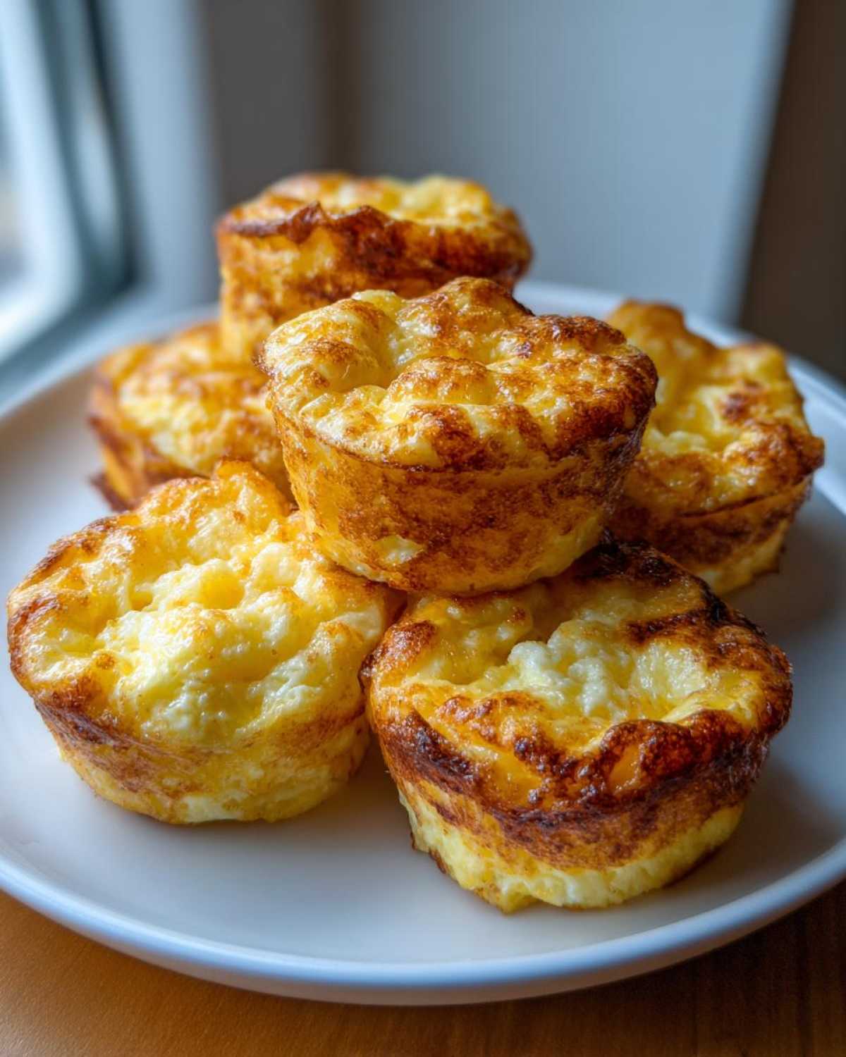 A stack of five golden brown, fluffy high-protein egg bites served on a white plate.