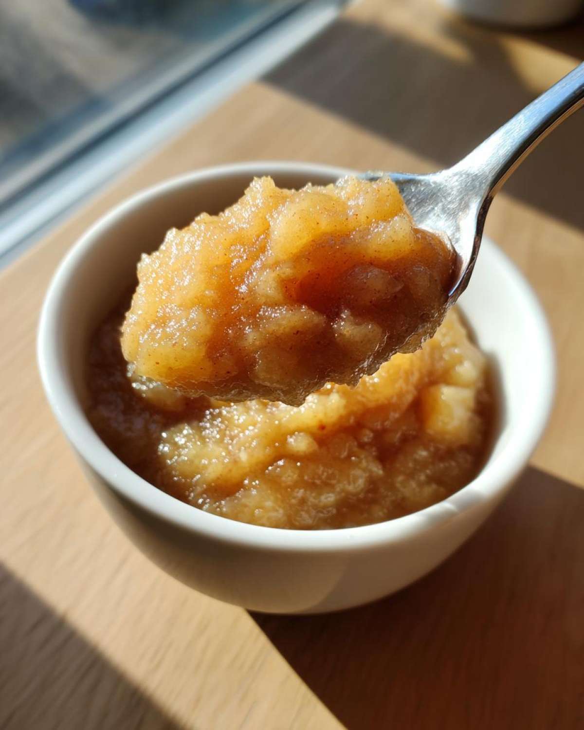 Close-up of a spoonful of chunky, cinnamon-spiced homemade applesauce being lifted from a white bowl.