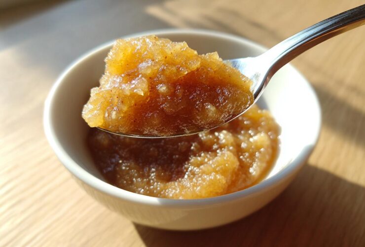 A spoonful of chunky, golden homemade applesauce being lifted from a small white bowl in bright sunlight.