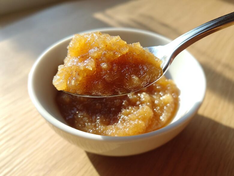 A spoonful of chunky, golden homemade applesauce being lifted from a small white bowl in bright sunlight.