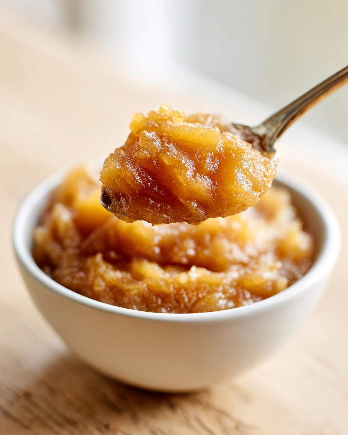 A spoonful of chunky, homemade applesauce being lifted from a white bowl, showing the rich texture.