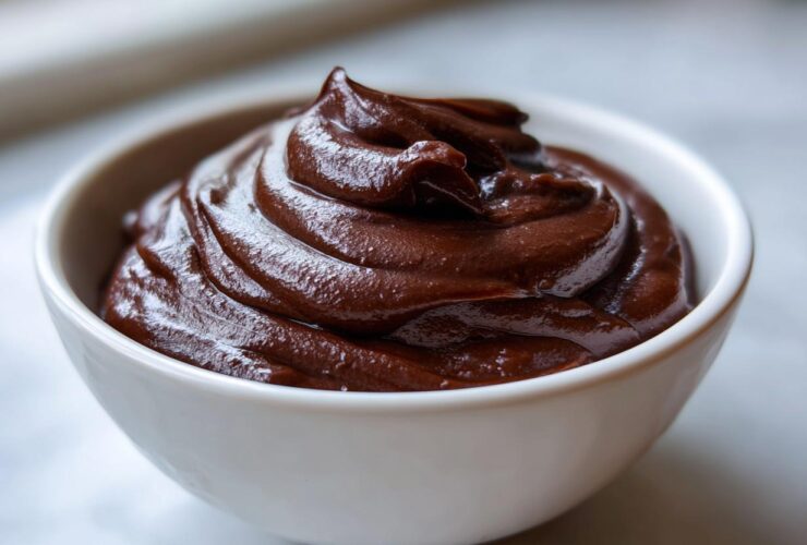 Close-up of rich, dark homemade chocolate pudding swirled high in a small white bowl.