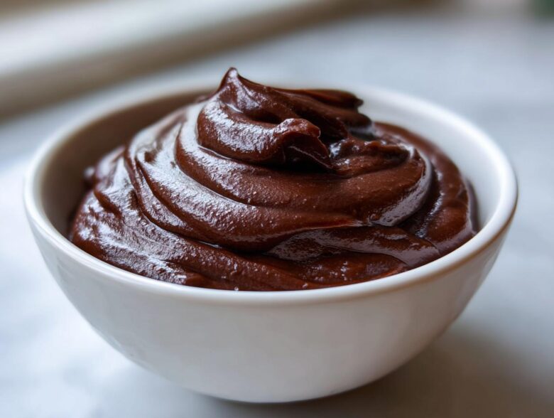 Close-up of rich, dark homemade chocolate pudding swirled high in a small white bowl.
