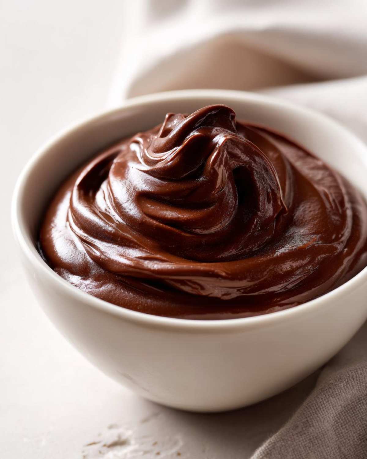 Close-up of thick, glossy homemade chocolate pudding swirled high in a small white bowl.