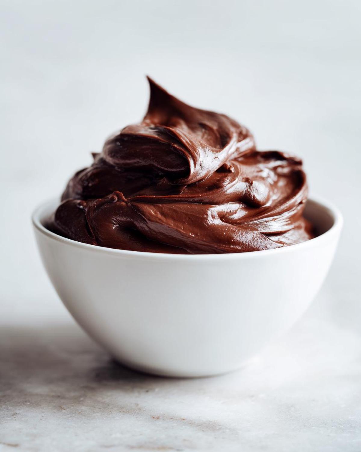 A close-up of thick, glossy homemade chocolate pudding swirled high in a small white bowl.