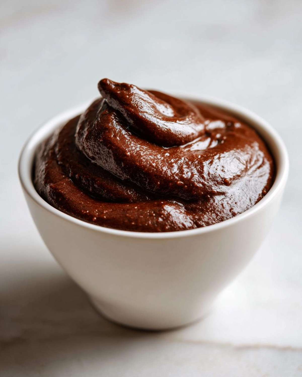 A close-up of thick, glossy homemade chocolate pudding swirled high in a small white bowl.