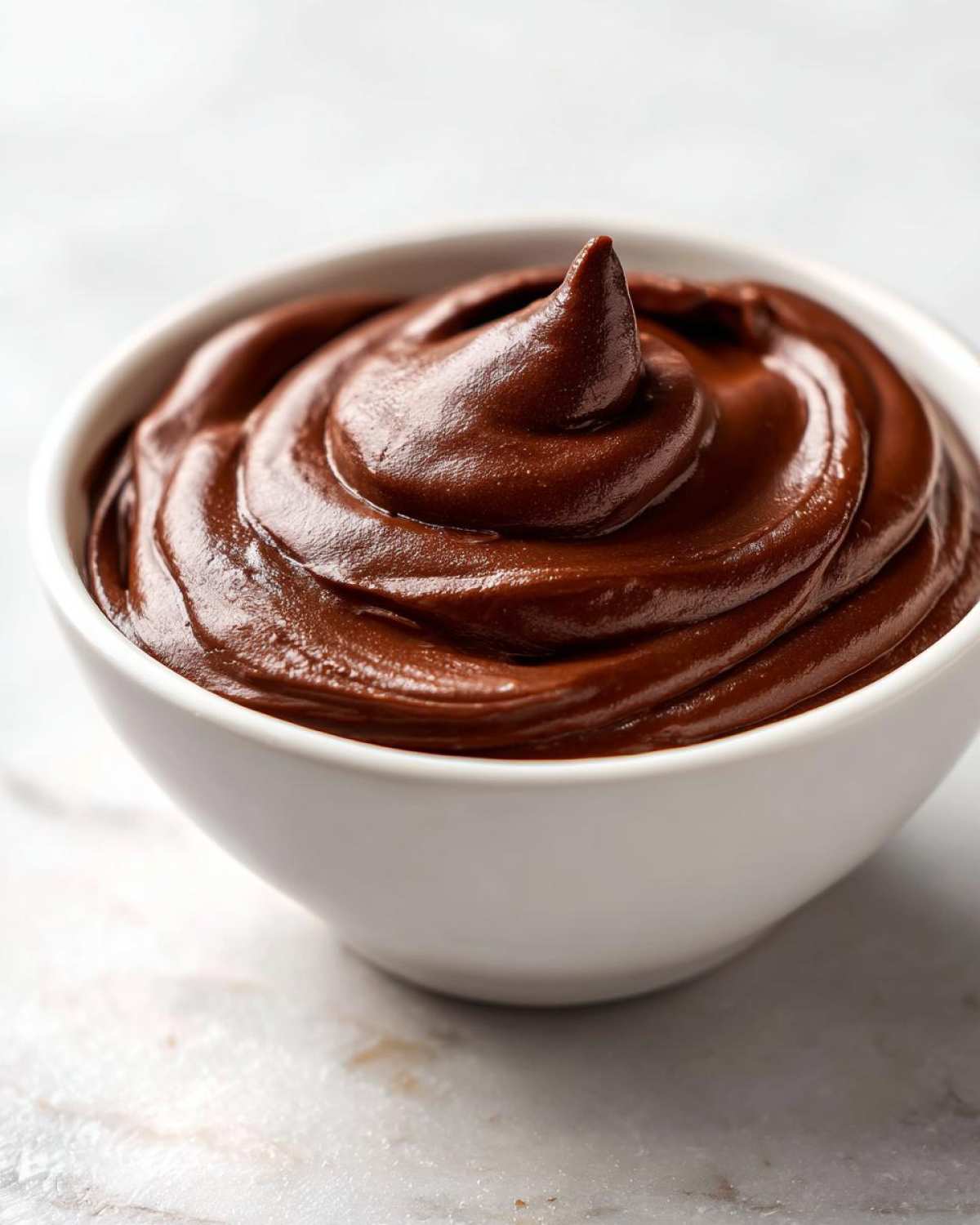 Close-up of rich, dark homemade chocolate pudding swirled high in a small white bowl.