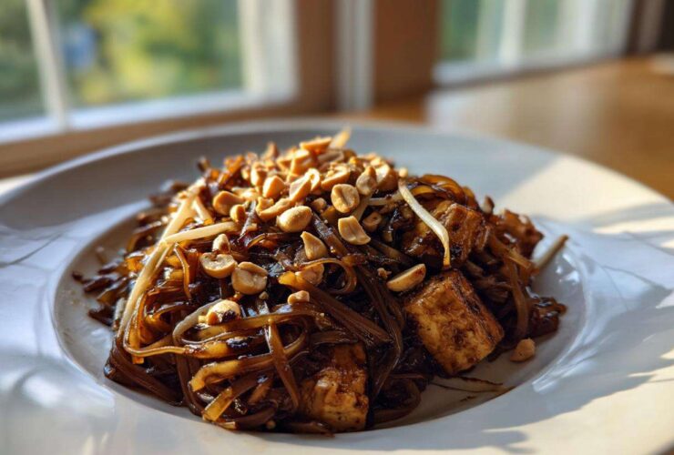 A close-up, sunlit shot of delicious homemade Pad Thai noodles topped with crushed peanuts and tofu cubes.
