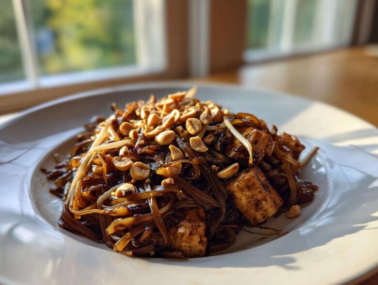 A close-up, sunlit shot of delicious homemade Pad Thai noodles topped with crushed peanuts and tofu cubes.