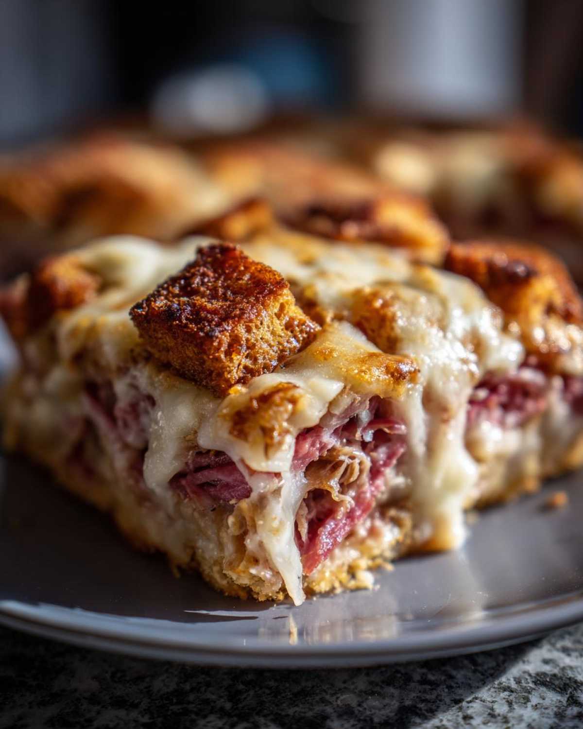 Close-up of a square slice of homemade Reuben bake with melted cheese and corned beef.