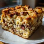 A square slice of homemade Reuben bake featuring corned beef, sauerkraut, melted cheese, and a crispy bread topping.
