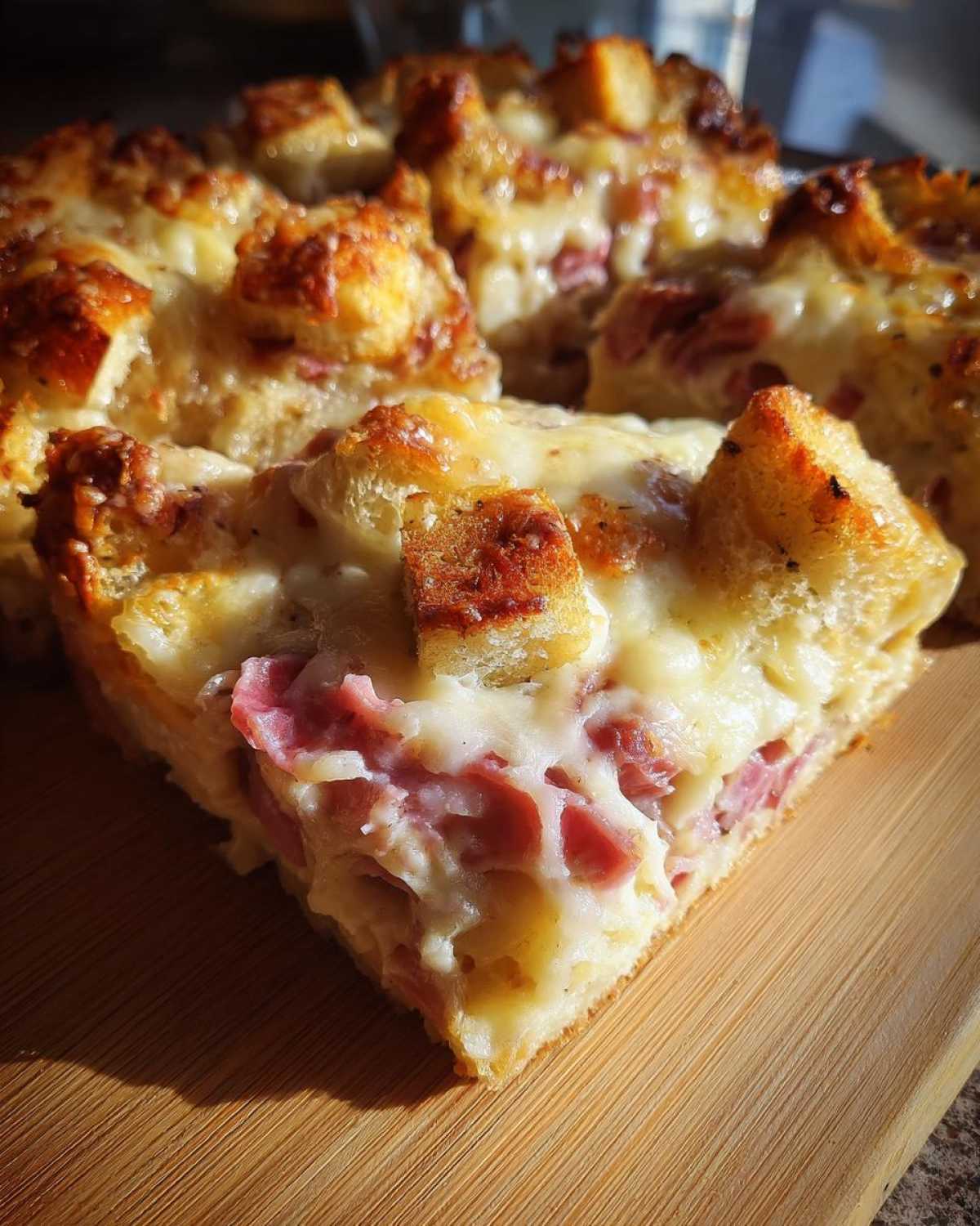 A close-up slice of homemade reuben bake showing melted cheese, corned beef, and toasted bread cubes.