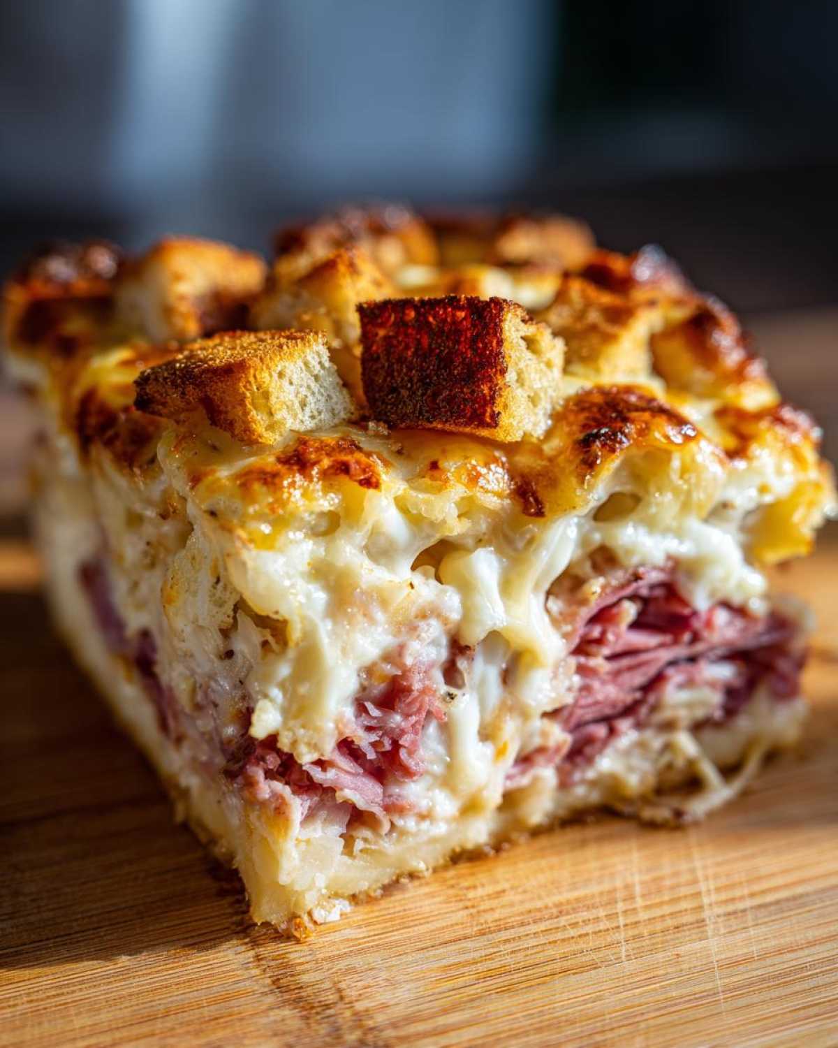 Close-up of a cheesy, layered slice of homemade reuben bake showing corned beef and toasted bread topping.