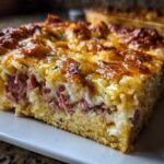 Close-up of a cheesy, golden-brown slice of homemade Reuben bake with visible layers of meat and egg filling.