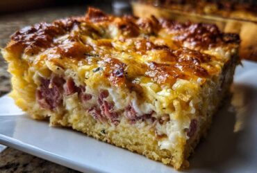 Close-up of a cheesy, golden-brown slice of homemade Reuben bake with visible layers of meat and egg filling.