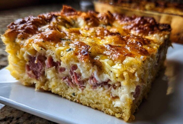 Close-up of a cheesy, golden-brown slice of homemade Reuben bake with visible layers of meat and egg filling.