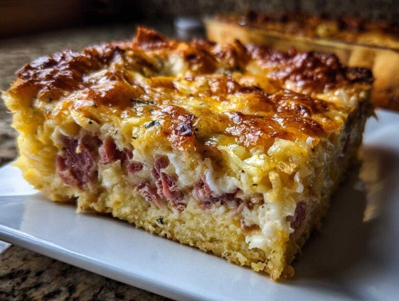 Close-up of a cheesy, golden-brown slice of homemade Reuben bake with visible layers of meat and egg filling.