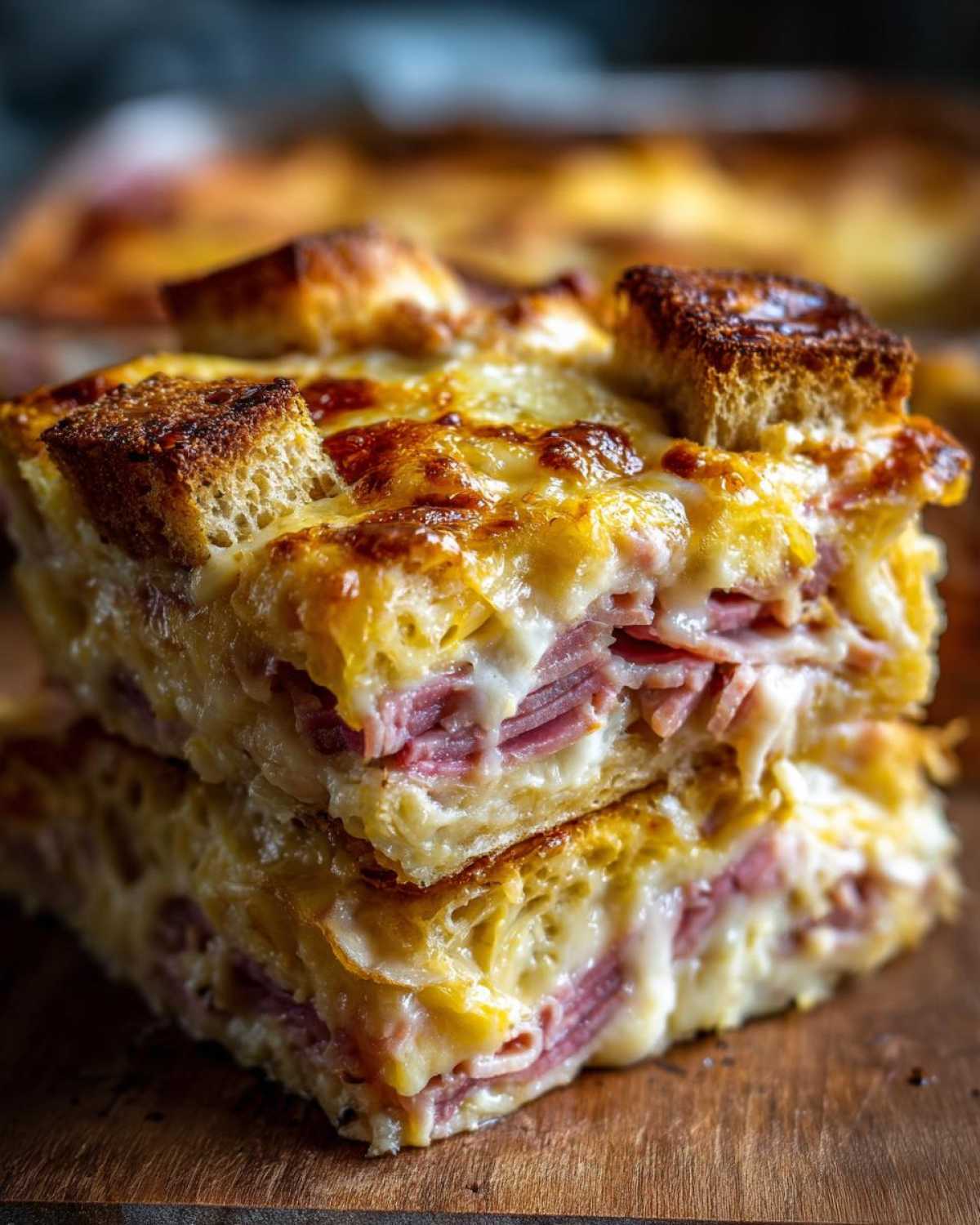 Two stacked, gooey slices of homemade Reuben bake featuring layers of corned beef, melted cheese, and toasted bread cubes on top.