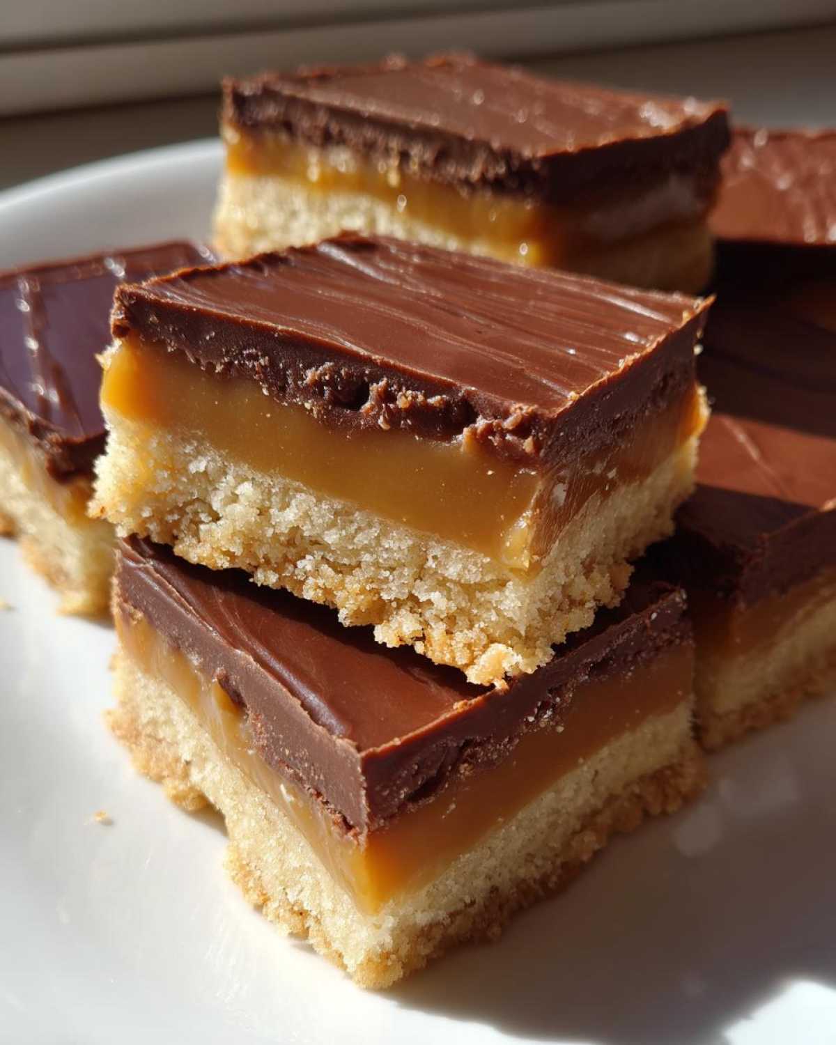 Close-up of stacked homemade twix bars showing a shortbread base, thick caramel layer, and chocolate topping.