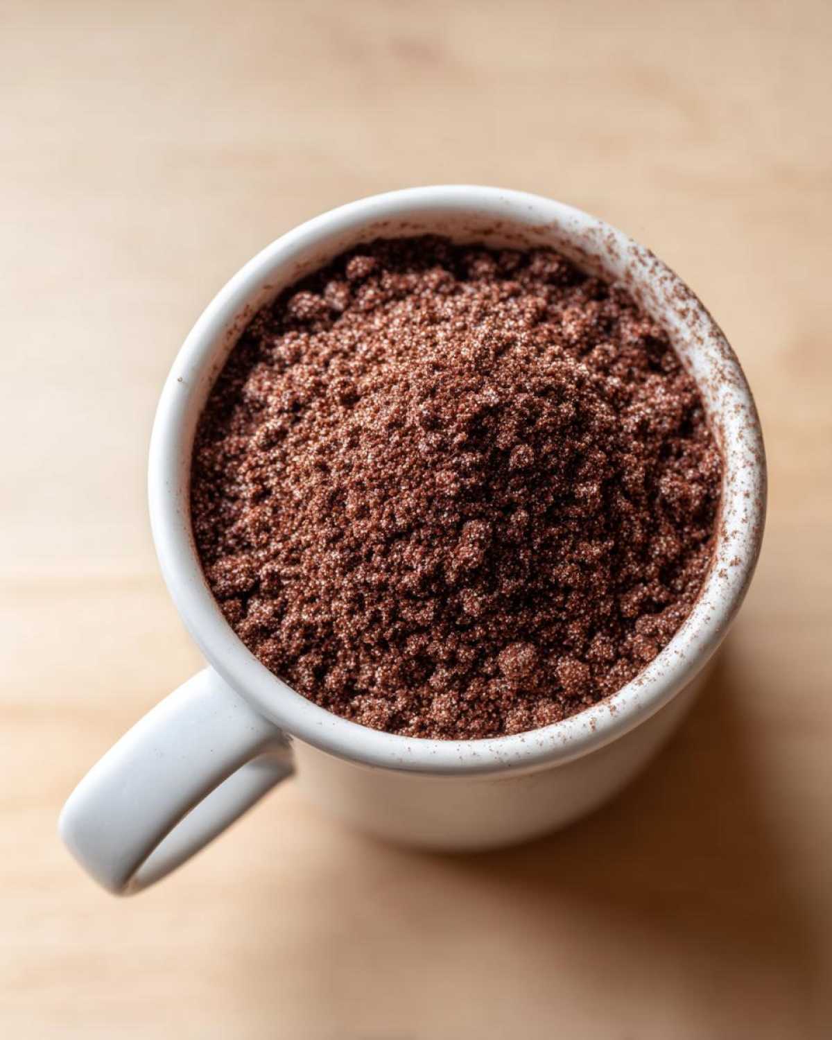Overhead view of rich, dark brown hot cocoa mix filling a white ceramic mug.