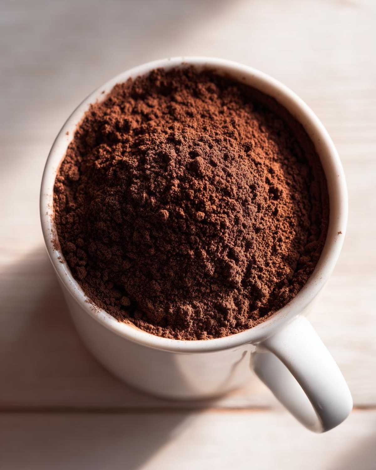 Overhead close-up of rich brown hot cocoa mix powder filling a white ceramic mug.