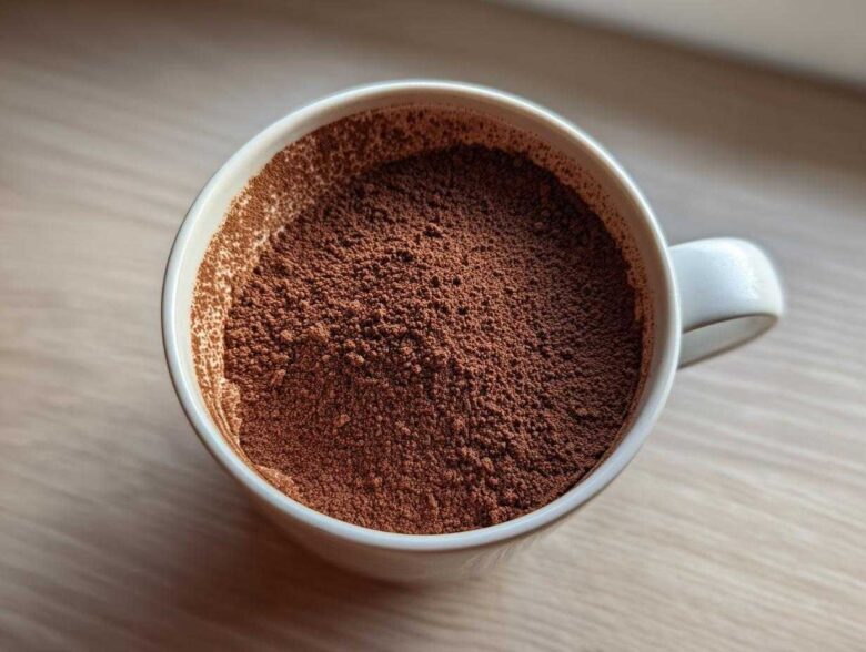 Overhead close-up of rich brown hot cocoa mix powder filling a white mug, ready for mixing.