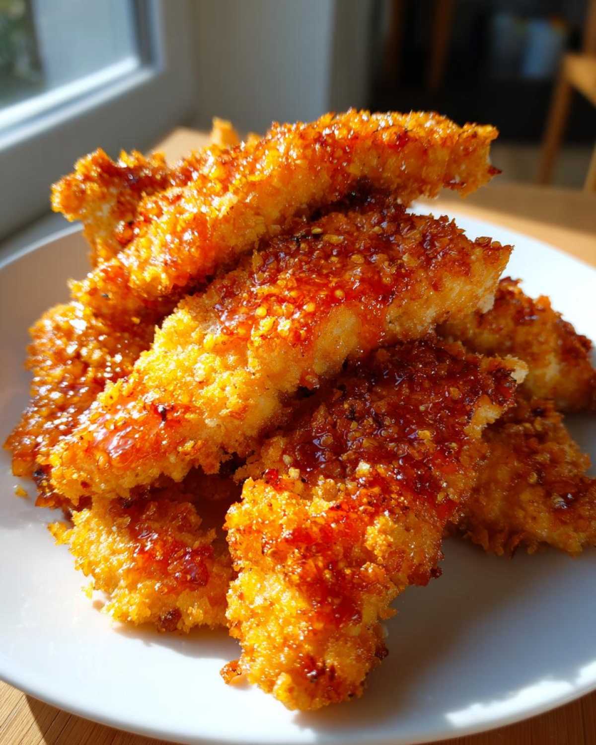 Close-up of crispy, golden hot honey chicken tenders glistening with sweet and spicy glaze.