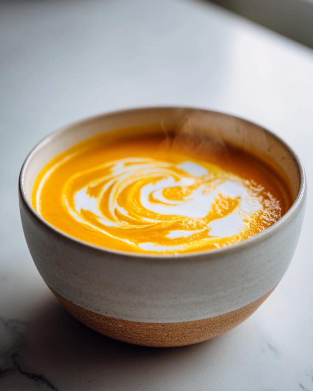 Close-up of hot, vibrant orange squash soup topped with a decorative swirl of white cream.