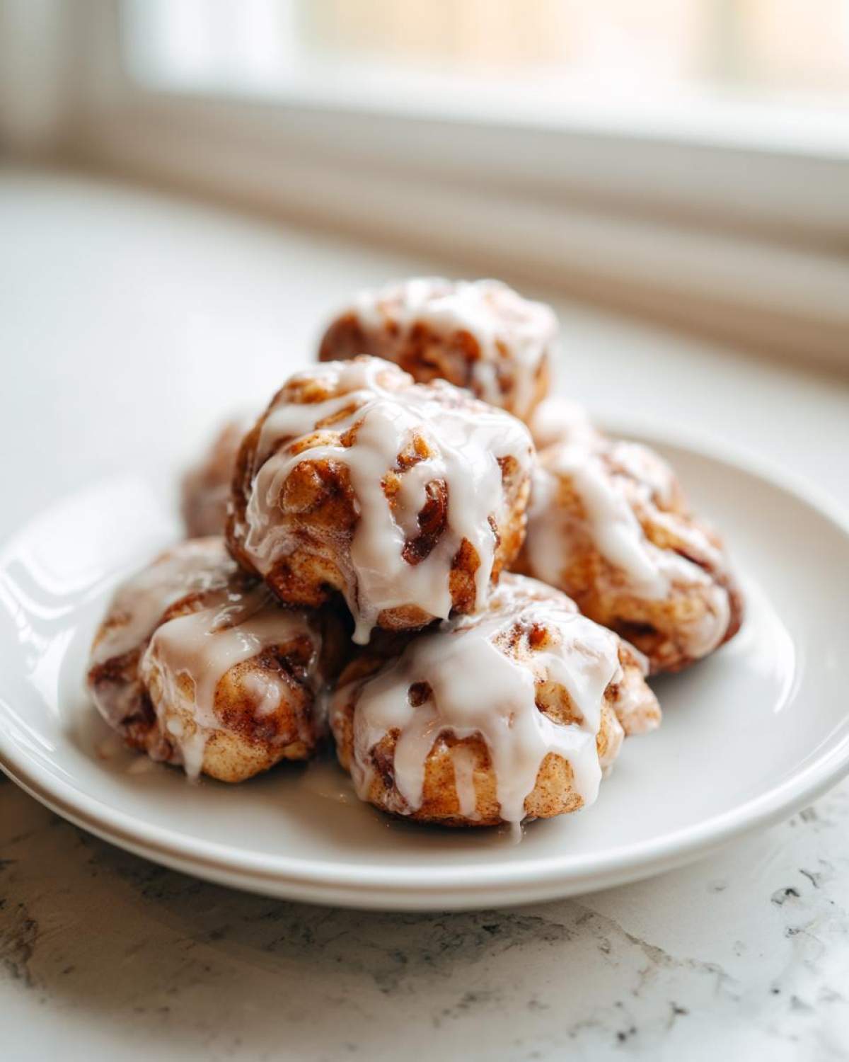 A stack of freshly baked, glazed cinnamon roll bites piled high on a white plate near a window.