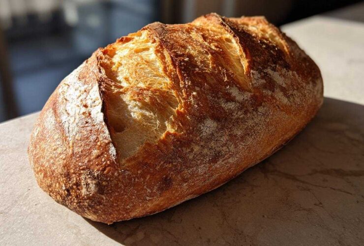 A beautifully baked loaf of Italian bread with a deeply scored, golden-brown, crusty exterior.