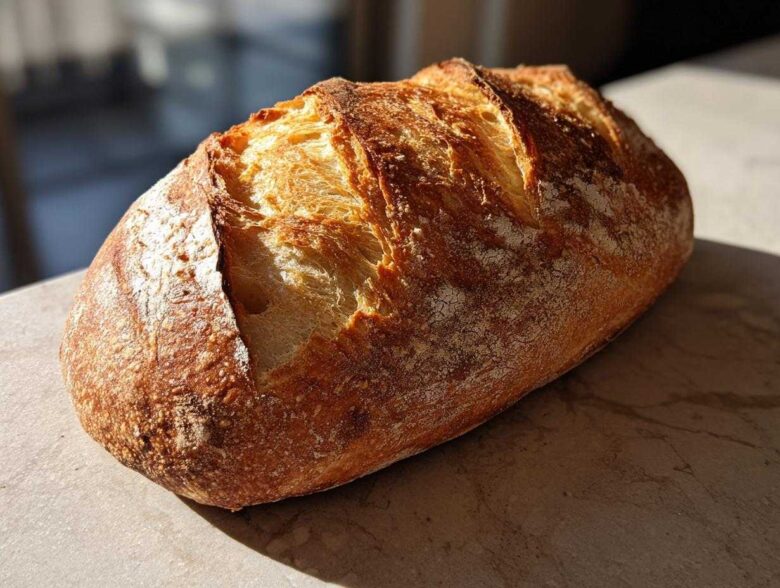 A beautifully baked loaf of Italian bread with a deeply scored, golden-brown, crusty exterior.