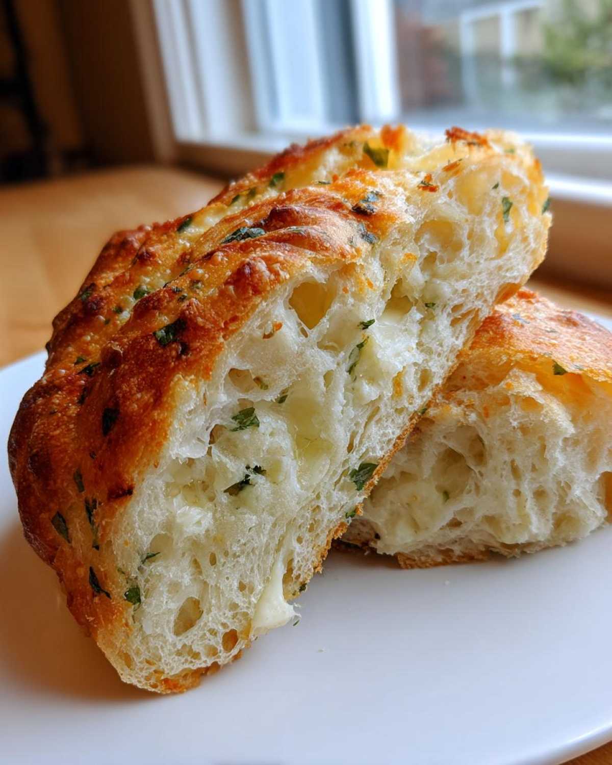 Close-up of Italian herb and cheese bread cut in half, showing cheesy, airy interior and golden crust.