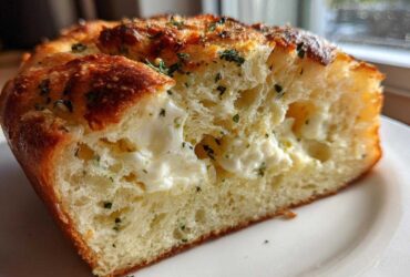 A close-up cross-section of soft Italian herb and cheese bread stuffed with melted cheese.