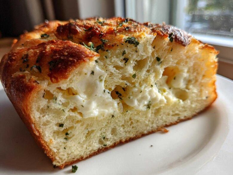 A close-up cross-section of soft Italian herb and cheese bread stuffed with melted cheese.