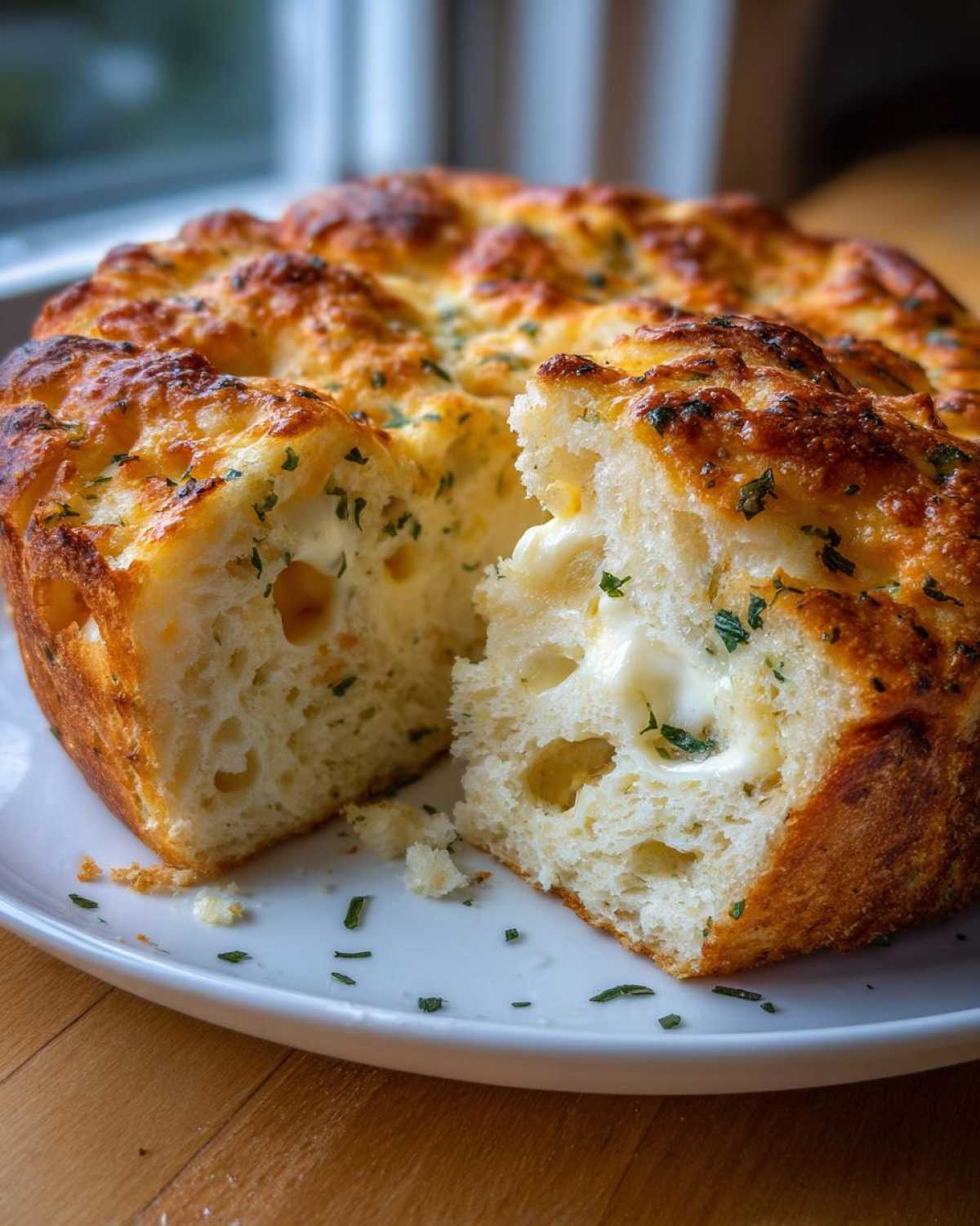 Close-up of a piece of Italian herb and cheese bread pulled open, showing melted cheese inside and a golden crust.