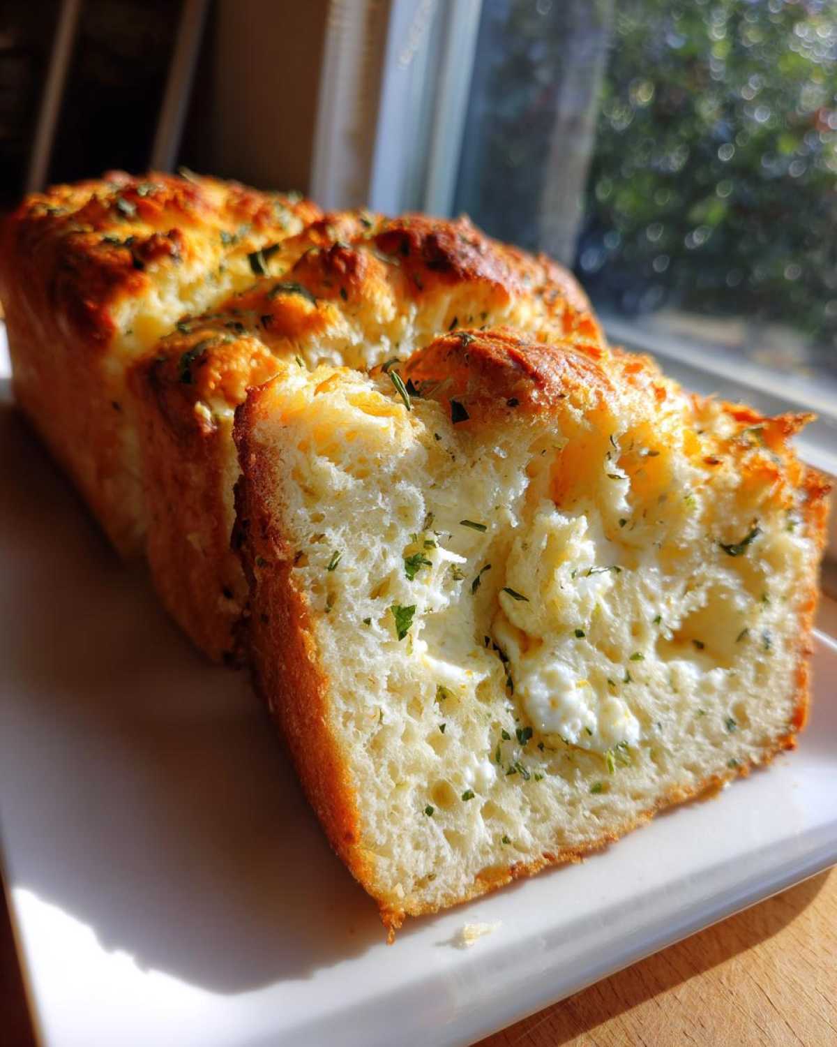 A close-up of a slice cut from a loaf of Italian herb and cheese bread, showing the fluffy interior and melted cheese pockets.