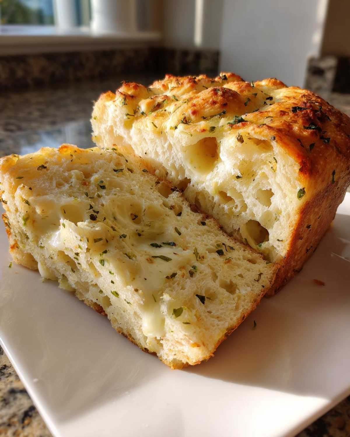 Close-up of a thick slice of Italian herb and cheese bread showing melted cheese pockets and green herbs.