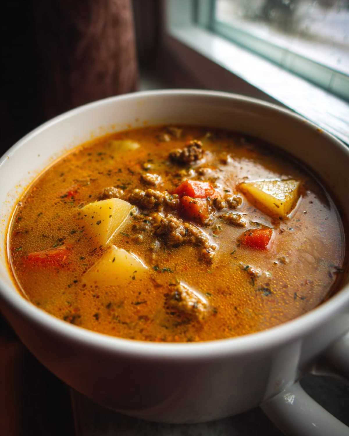 Close-up of a steaming bowl of rich, orange broth italian sausage soup containing ground sausage, potato chunks, and carrots.