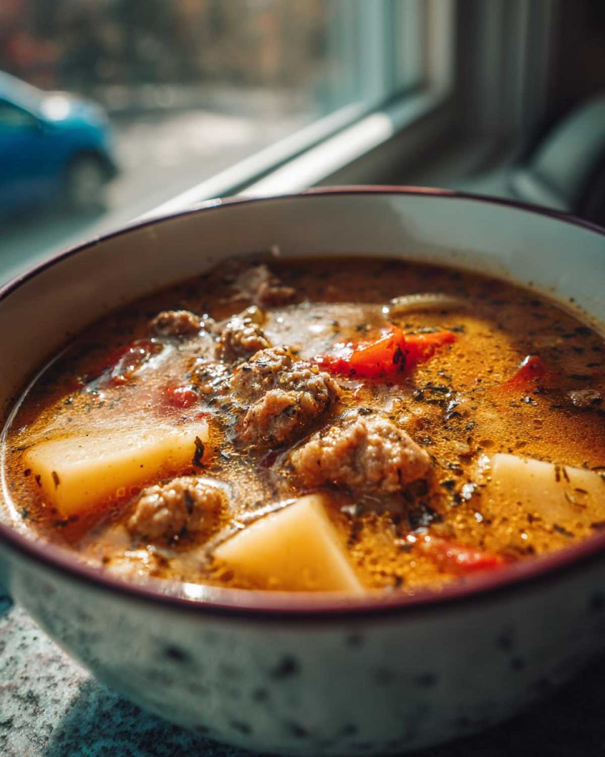 Close-up of a steaming bowl of Italian sausage soup featuring chunks of sausage, potatoes, and red peppers in a rich broth.