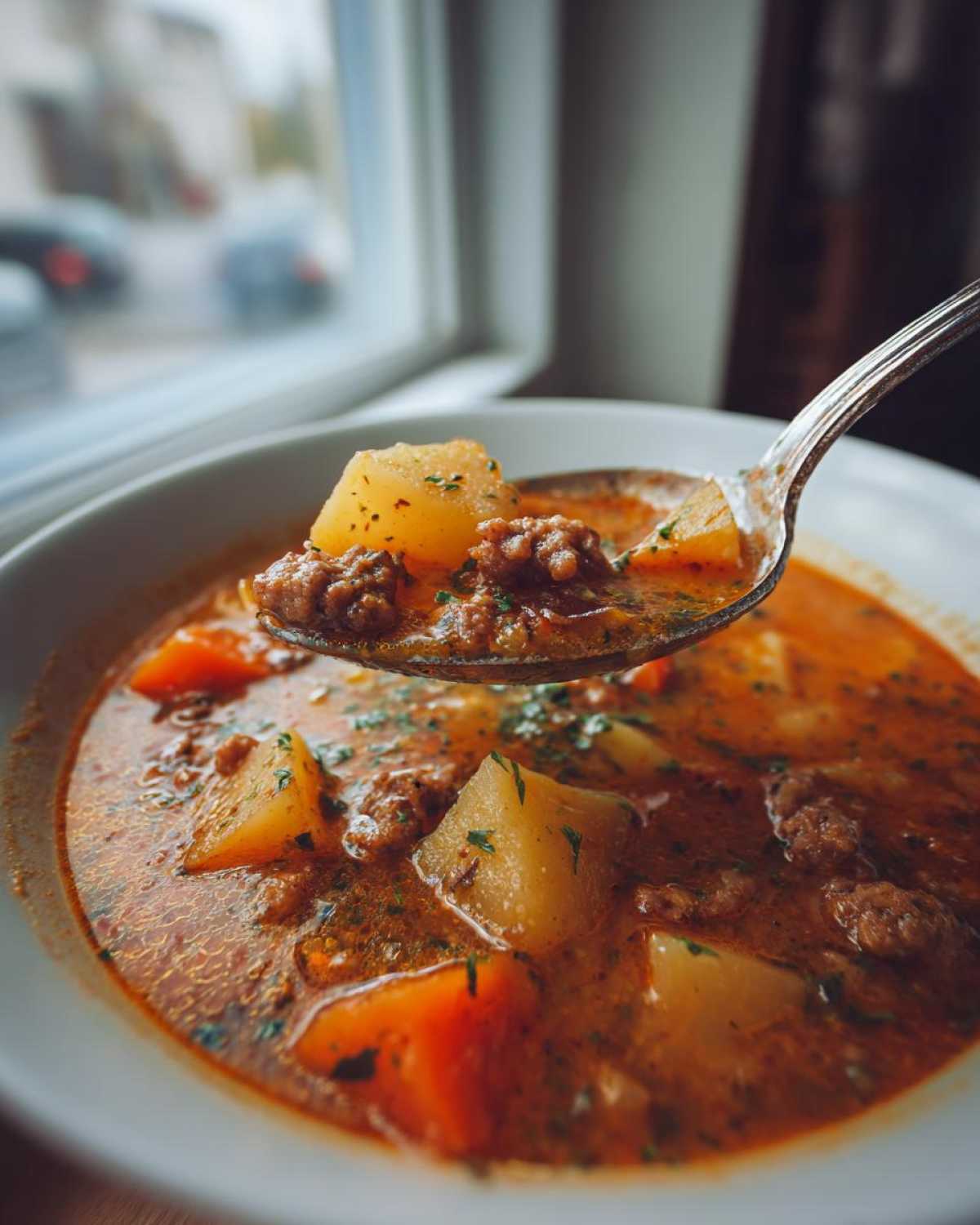 A spoonful of rich Italian sausage soup, featuring chunks of potato and ground sausage, lifted from a white bowl.