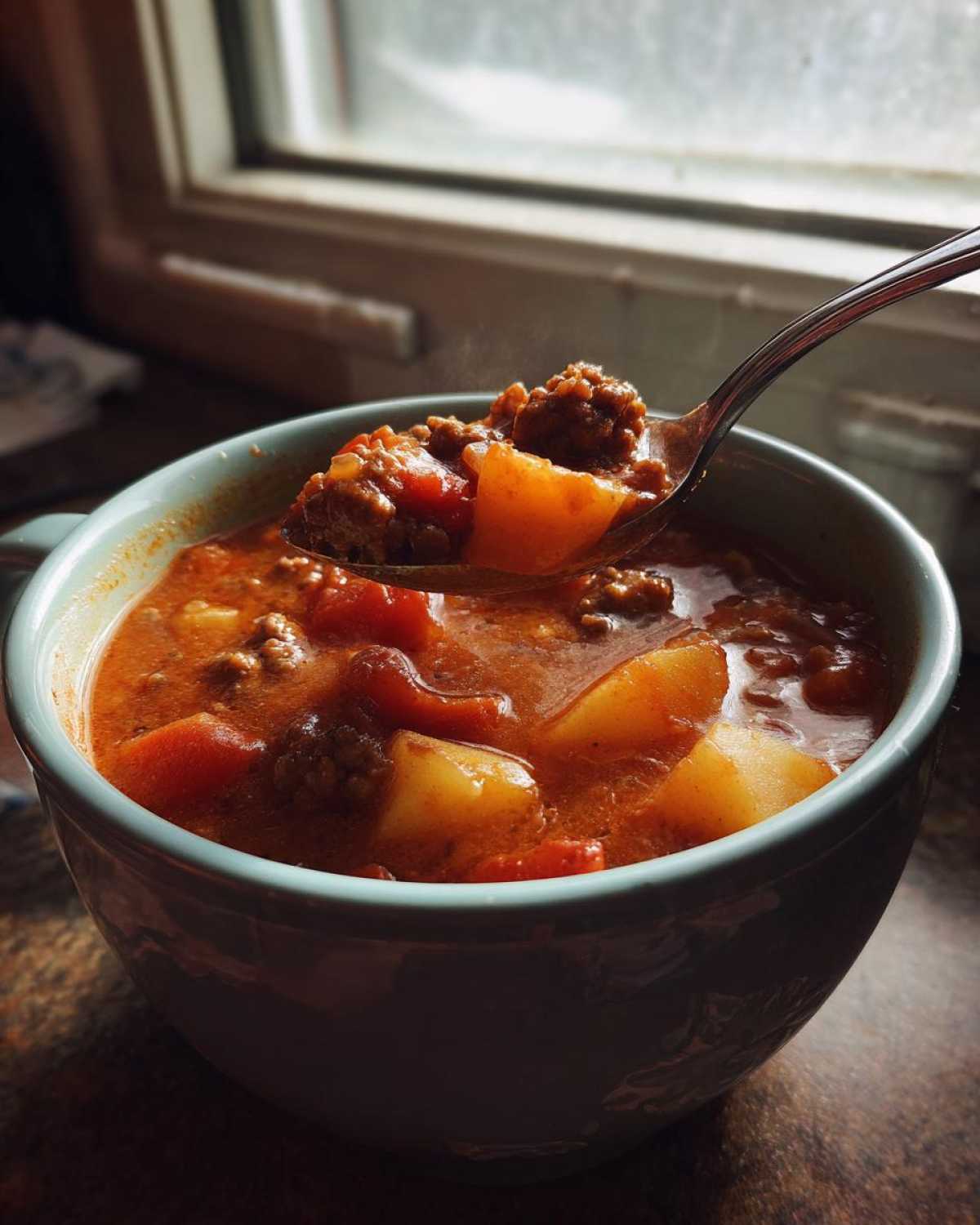 A spoonful of steaming Italian sausage soup, rich with ground sausage and chunks of potato, being lifted from a light blue bowl.