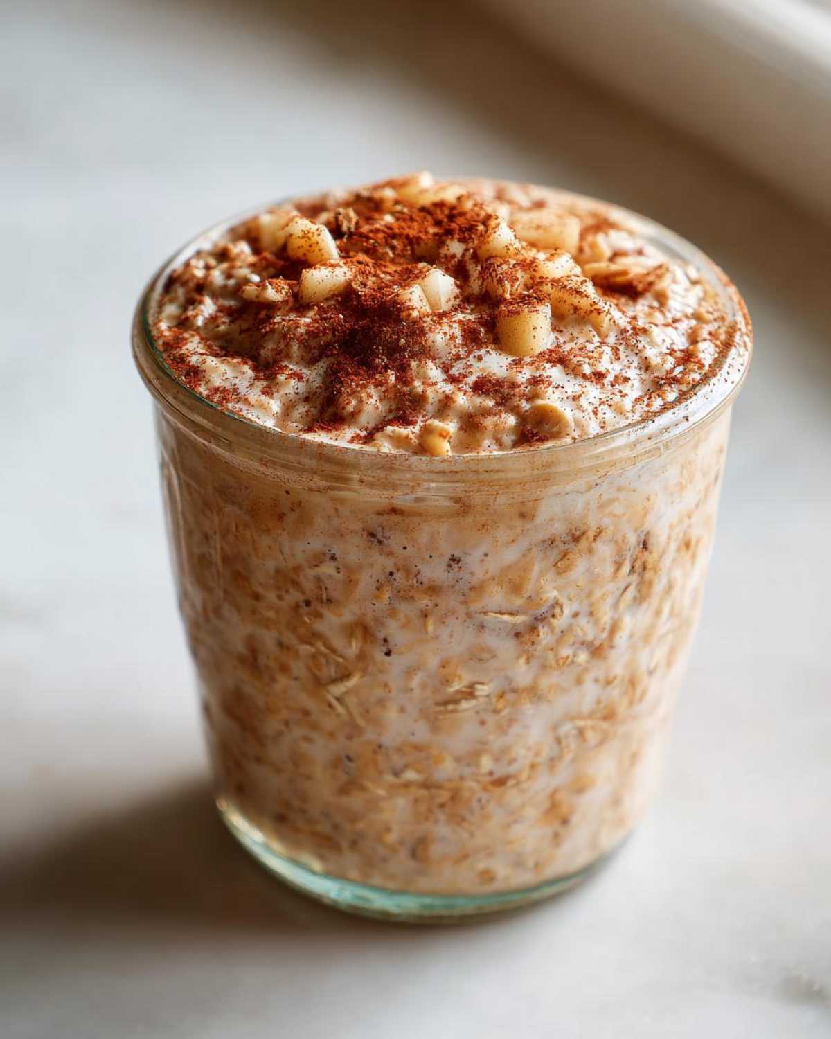 Close-up of apple cinnamon overnight oats in a glass jar, topped with diced apple and cinnamon powder.