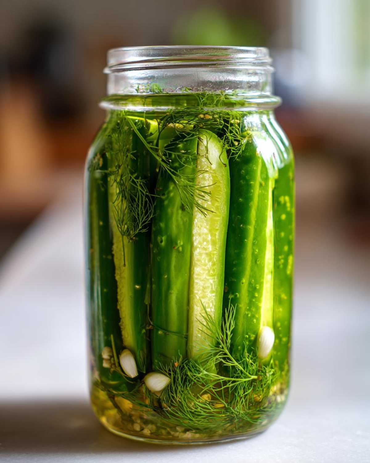 Close-up of whole cucumbers being pickled in a jar with dill and garlic, ready to become dilly beans.