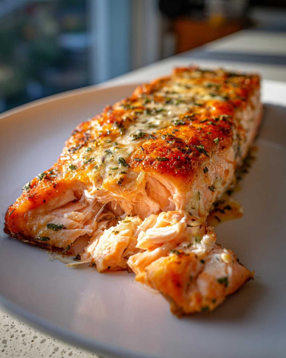Close-up of a perfectly cooked, juicy air fryer salmon fillet flaking apart on a white plate, topped with herbs.