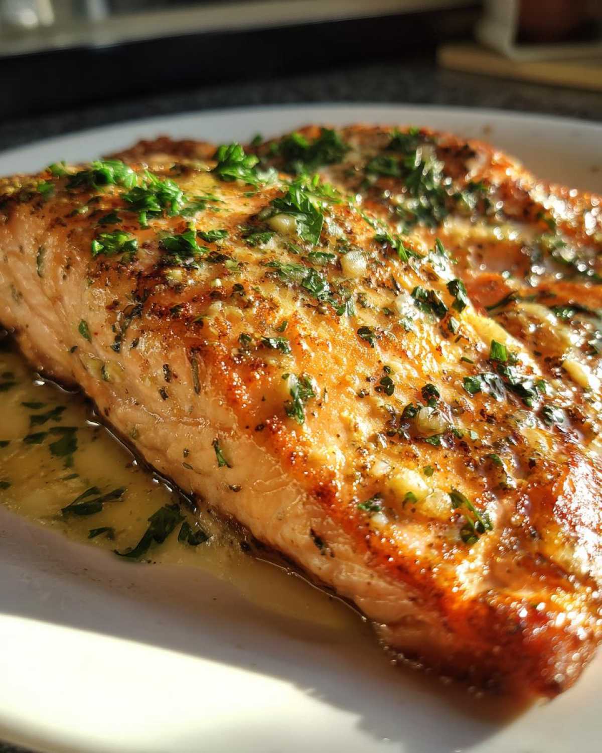 Close-up of a perfectly cooked piece of air fryer salmon glistening with butter sauce and topped with fresh parsley.