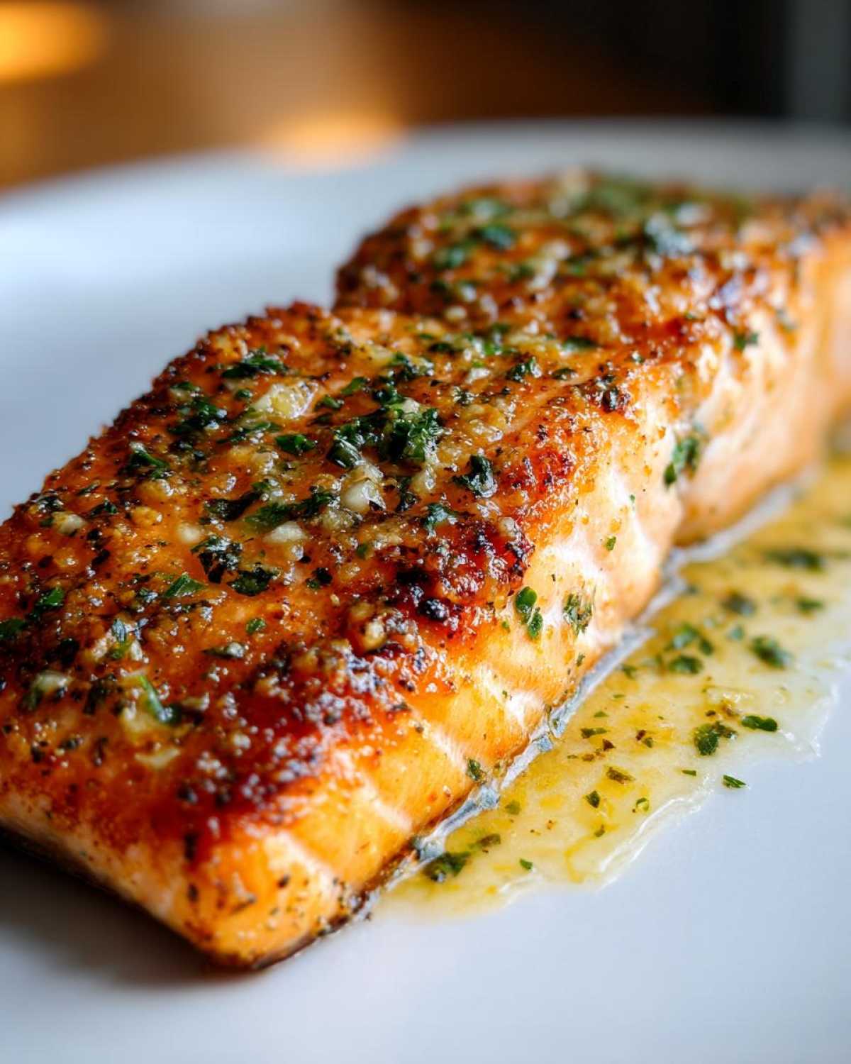 Close-up of a perfectly cooked, juicy air fryer salmon fillet topped with garlic and parsley glaze.