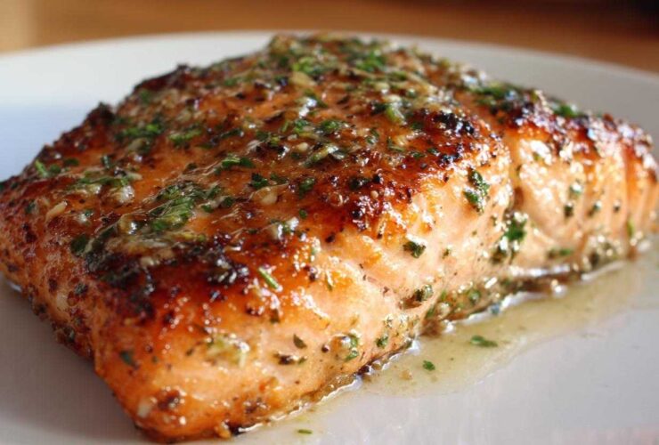 Close-up of a perfectly cooked, juicy air fryer salmon fillet topped with a glistening garlic herb glaze.