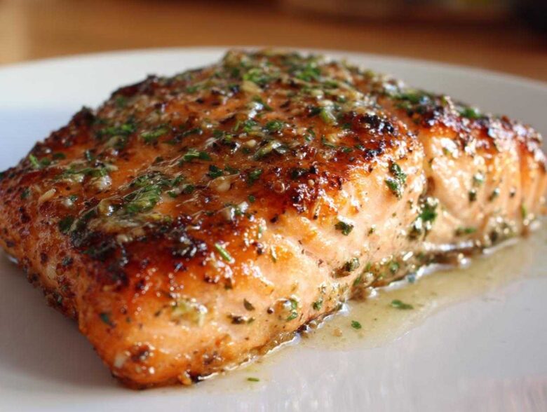 Close-up of a perfectly cooked, juicy air fryer salmon fillet topped with a glistening garlic herb glaze.